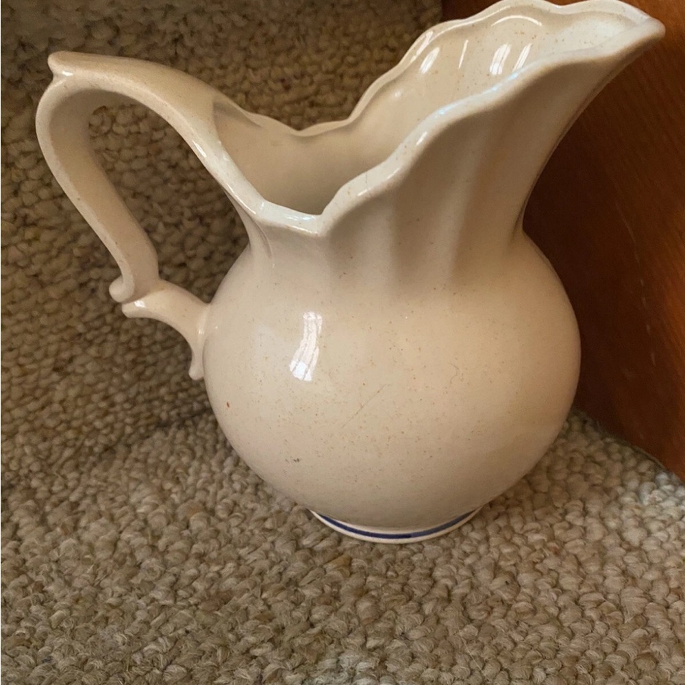 Vintage Enesco Cream Ceramic Pitcher with Blue Floral Design - Picture 5 of 11